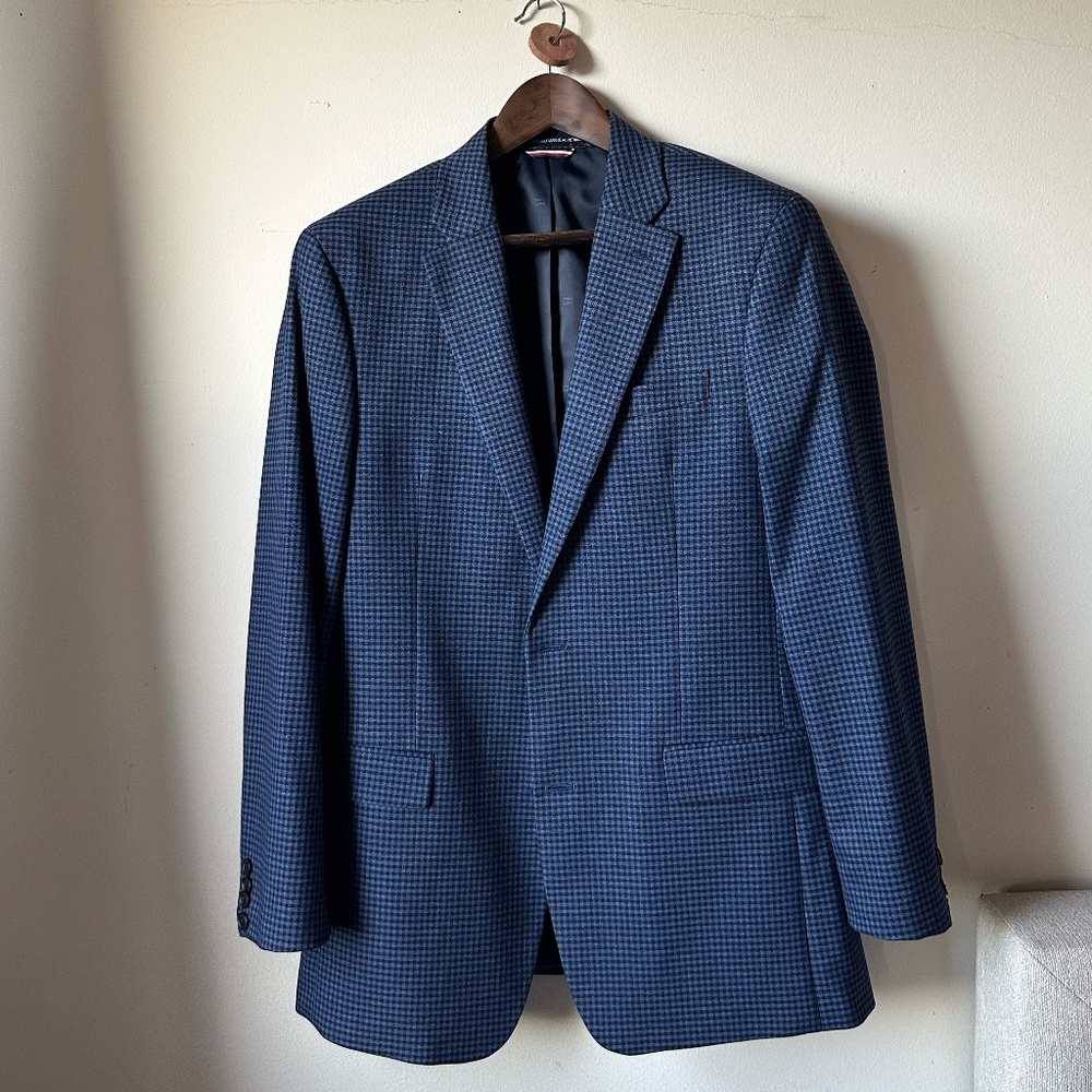 Tommy Hilfiger Blue Micro Check Sport Coat Blazer 40L Stretch Suit Jacket